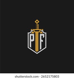 Monograma inicial PF para imagem de escudo e espada