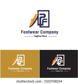 Logo de la marca de combinación PF Latter para la empresa Footwear Business, logotipo de tienda con símbolo de zapatos adjunto para todo tipo de impresión digital, banner, afiche, volante, revista, tarjeta de identificación, tarjeta de visita 