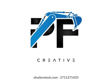 Logotipo de construcción de excavadora de letras PF para ingeniería y Industrial