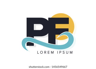 PF letter logo with ocean waves and sunset. Beach concept design
