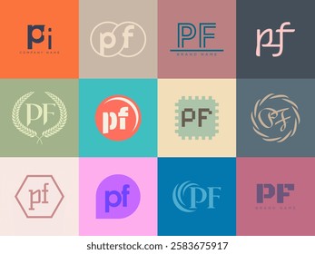 PF logo company template. Letter p and f logotype. Set different classic serif lettering and modern bold text with design elements. Initial font typography. Collection trendy business identity.