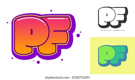 PF logo design for festival or party. Initial letter p and f in graffiti style. Creative modern lettering company name of font typography. Kids trendy logotype or identity. Vector illustration.