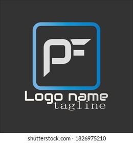 PF-Logo. Illustration des "PF"-Schriftlogos einzeln auf schwarzem Hintergrund. Vektorgrafik