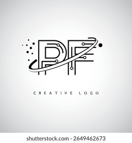 Logotipo do Monograma da Órbita da PF - Marca de Letra Mínima Futurista com Linha de Arte Circular, Pontos Inspirados na Tecnologia e Conceito de Movimento Espacial para Identidade de Marca Moderna