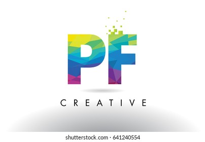 PF P F Colorful Letter Design with Creative Origami Triangles Rainbow Vector.