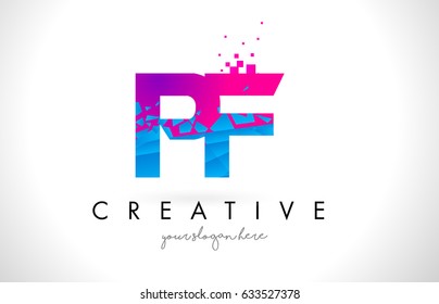 PF P F Letter Logo with Broken Shattered Blue Pink Triangles Texture Design Vector Illustration.