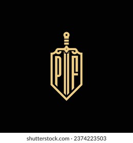 PF vintage shield and sword initial logo in high quality professional design that will print well across any print media