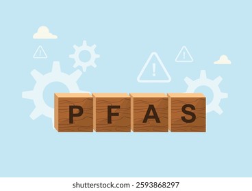 PFAS Chemical Pollution Concept Illustration. PFAS chemical pollution, featuring wooden blocks with "PFAS" text, warning symbols, and industrial gear icons. PFAS substances. Vector illustration