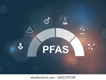 PFAS circular infographic template with chart and scientific icons. Professional environmental health poster design for corporate presentations. Chemical illness. PFAS concept. Vector illustration