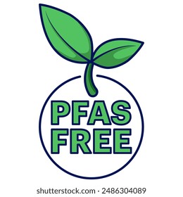 The PFAS Free Badge concept which has various leaf motifs indicates that the product is free of chemicals and safe for the environment. PFAS free label. Proper nutrition, healthy eating. Flat vector.