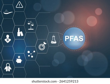 PFAS Hexagonal Network Structure Infographic Template. Professional PFAS network infographic with interconnected hexagon icons. PFAS concept. Businnes presentation, marketing. Vector illustration