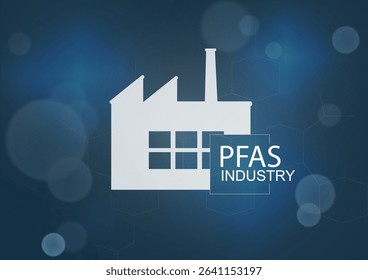 PFAS industry contamination concept with white factory icon on blue technology background. PFAS industry concept. PFAs impact on environmental health. Forever chemicals. Vector illustration