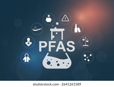 PFAS Laboratory Flask Circular Icons Infographic. Professional PFAS business and marketing presentation. PFAS concept. Perfluoroalkyl and Polyfluoroalkyl Substances. Vector illustration