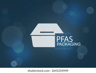 PFAS packaging contamination concept with white food container on blue technology background. PFAS concept. PFAs in food packaging concept. Vector illustration