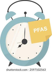 PFAS Regulation Deadline Alarm Clock Reminder. alarm clock with yellow PFAS sticky note, illustrating time-sensitive environmental regulation deadline or chemical safety reminder. Vector illustration