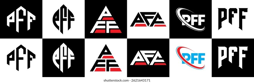 PFF letter logo design in six style. PFF polygon, circle, triangle, hexagon, flat and simple style with black and white color variation letter logo set in one artboard. PFF minimalist and classic logo