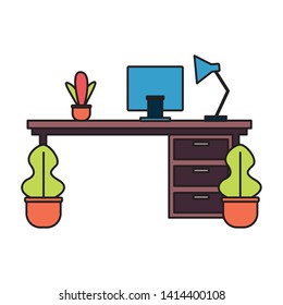 pffice desk laptop plants workplace vector illustration