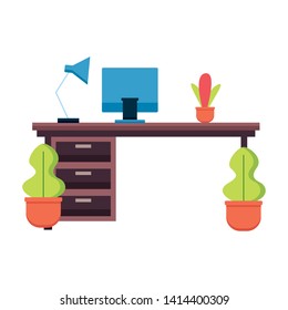 pffice desk laptop plants workplace vector illustration