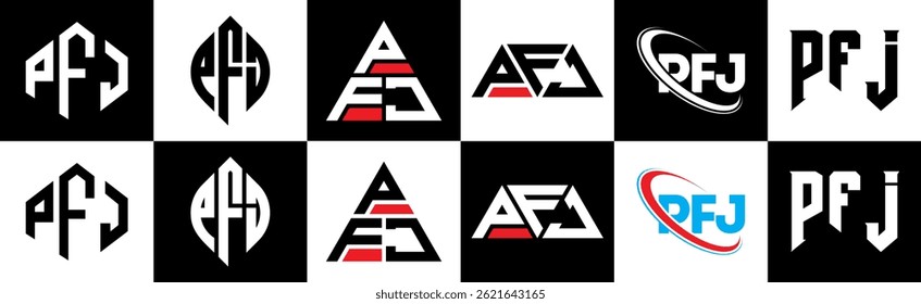 PFJ letter logo design in six style. PFJ polygon, circle, triangle, hexagon, flat and simple style with black and white color variation letter logo set in one artboard. PFJ minimalist and classic logo