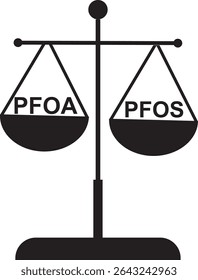 PFOA PFOS Balance Scale Justice Símbolo Legal isolado em fundo transparente.  Justiça jurídica e ponderação regulamentar das substâncias tóxicas. PFOA e PFOS regulation.PFAS concept. Ilustração vetorial