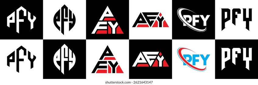 PFY letter logo design in six style. PFY polygon, circle, triangle, hexagon, flat and simple style with black and white color variation letter logo set in one artboard. PFY minimalist and classic logo