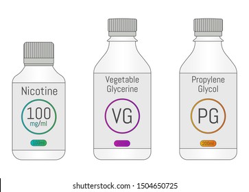 PG, VG and Nicotine bottles. Components for DIY vaping liquid. Vector illustration EPS10.