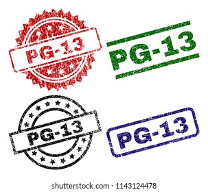 PG-13 seal prints with damaged style. Black, green,red,blue vector rubber prints of PG-13 label with corroded texture. Rubber seals with circle, rectangle, medallion shapes.