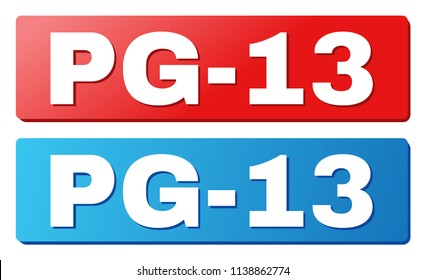 PG-13 text on rounded rectangle buttons. Designed with white title with shadow and blue and red button colors.