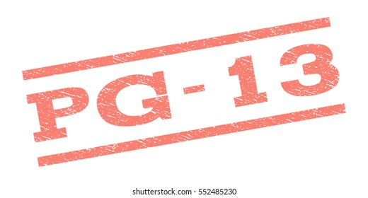 Pg-13 watermark stamp. Text caption between parallel lines with grunge design style. Rubber seal stamp with scratched texture. Vector salmon color ink imprint on a white background.