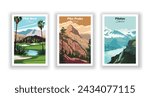 PGA West, California. Pike Peaks, Colorado. Pilatus, Switzerland - Set of 3 Vintage Travel Posters. Vector illustration. High Quality Prints