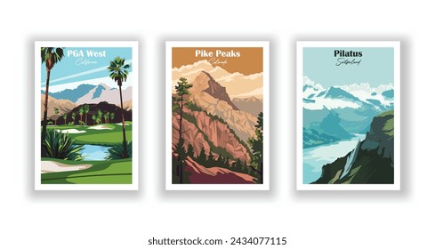 In: PGA West, California. Pike Peaks, Colorado. Pilatus, Schweiz - Set mit 3 Vintage Reiseplakaten. Vektorgrafik. Qualitativ hochwertige Ausdrucke