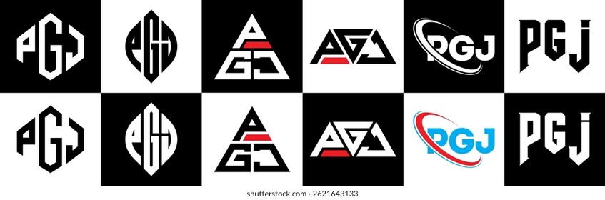 PGJ letter logo design in six style. PGJ polygon, circle, triangle, hexagon, flat and simple style with black and white color variation letter logo set in one artboard. PGJ minimalist and classic logo