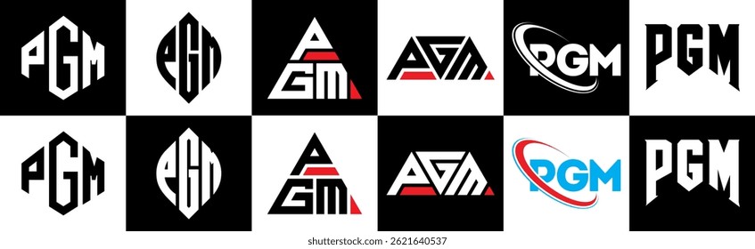 PGM letter logo design in six style. PGM polygon, circle, triangle, hexagon, flat and simple style with black and white color variation letter logo set in one artboard. PGM minimalist and classic logo
