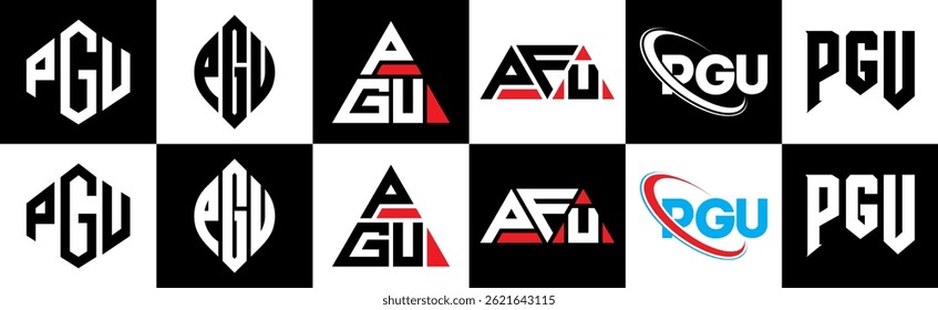 PGU letter logo design in six style. PGU polygon, circle, triangle, hexagon, flat and simple style with black and white color variation letter logo set in one artboard. PGU minimalist and classic logo