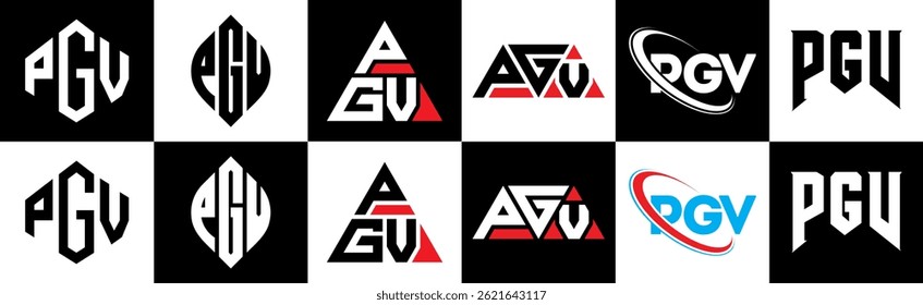 PGV letter logo design in six style. PGV polygon, circle, triangle, hexagon, flat and simple style with black and white color variation letter logo set in one artboard. PGV minimalist and classic logo