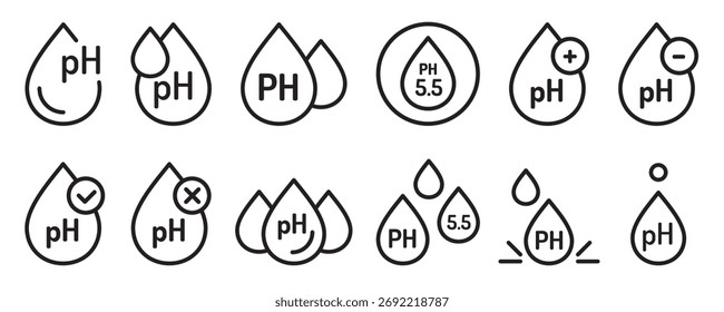 Coleção de ícones de linha Ph 5.5. Conjunto de símbolo líquido acidez para Pele e cosméticos naturais hidratantes.