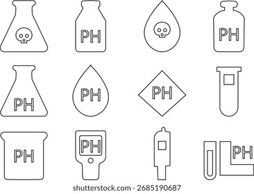pH Icon set, Acidez, Alcalinidade, Química, Ciência, Tiras de Teste, Qualidade da Água, Laboratório, Medição, Equilíbrio e Controle de Temperatura.