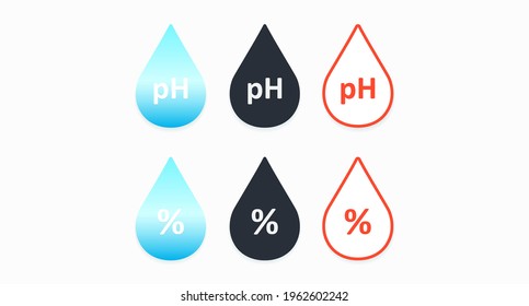 Ph icon. A set of colored drops with a symbol of acidity and percent on them. Vector illustration