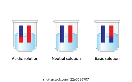 PH indicator. Acidic, neutral, basic solutions. Color change of blue litmus paper to red for acids, red litmus paper to blue for bases and No change for neutral solution. Vector scientific design.