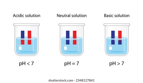 PH indicator. Acidic, neutral, basic solutions. Color change of blue litmus paper to red for acids, red litmus paper to blue for bases and No change for neutral solution. Vector scientific design.