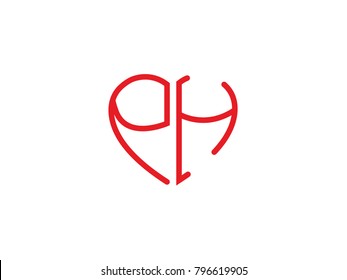 PH initial logo letter with heart shape red colored, logo design for wedding invitation, wedding name and business name.