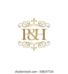 P&H Initial logo. Ornament ampersand monogram golden logo