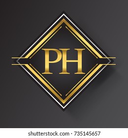 PH Letter logo in a square shape gold and silver colored geometric ornaments. Vector design template elements for your business or company identity.