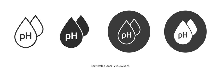 pH level water drop icons in outline, solid, and circular badge styles, representing acidity, alkalinity, chemistry, water testing, and liquid analysis in flat vector design