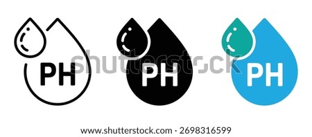 pH level water drop icons in outline, solid, and circular badge styles, representing acidity, alkalinity, chemistry, water testing, and liquid analysis in flat vector design
