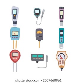 ph meter set cartoon. electrode solution, measurement probe, sensor accuracy ph meter sign. isolated symbol vector illustration