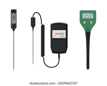 PH meter tester for soil gardening electronic instrument for acid measurement set realistic vector illustration. Agriculture agronomy digital and analogue equipment ground moisture analyzing