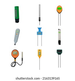 ph meter water test, acid scale, soil value, laboratory measure cartoon icons set vector illustrations