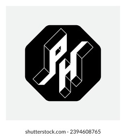 PH - monogram or logotype. Three-dimension letters P and H on a hexagonal substrate. Isometric 3d font for design.
