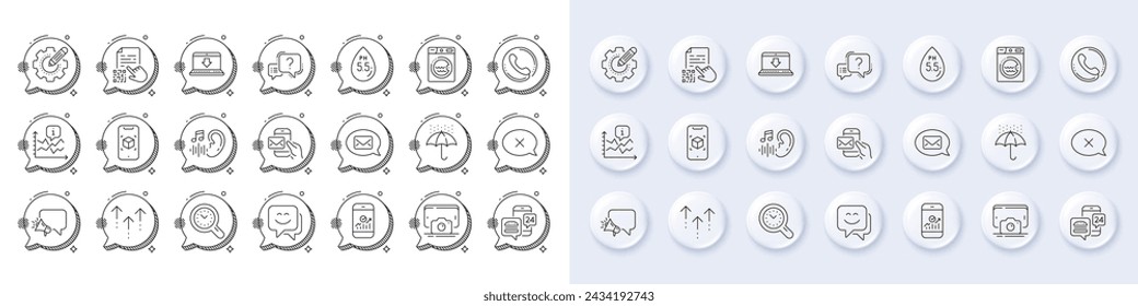 Ph neutral, Augmented reality and Chart line icons. White pin 3d buttons, chat bubbles icons. Pack of Qr code, Smile face, Waterproof umbrella icon. Vector